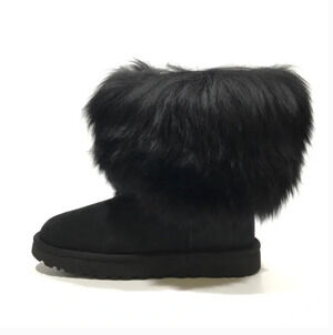Ugg Short Sheepskin Cuff Boots 6 Black Suede Fur Shearling Ankle Booties